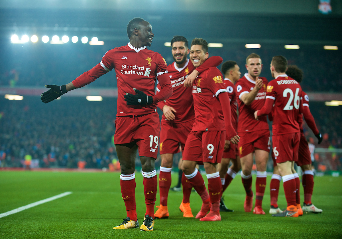 LIVERPOOL, ENGLAND - Saturday, March 3, 2018: Liverpool's Sadio Mane celebrates scoring the second goal with team-mates during the FA Premier League match between Liverpool FC and Newcastle United FC at Anfield. (Pic by Peter Powell/Propaganda)