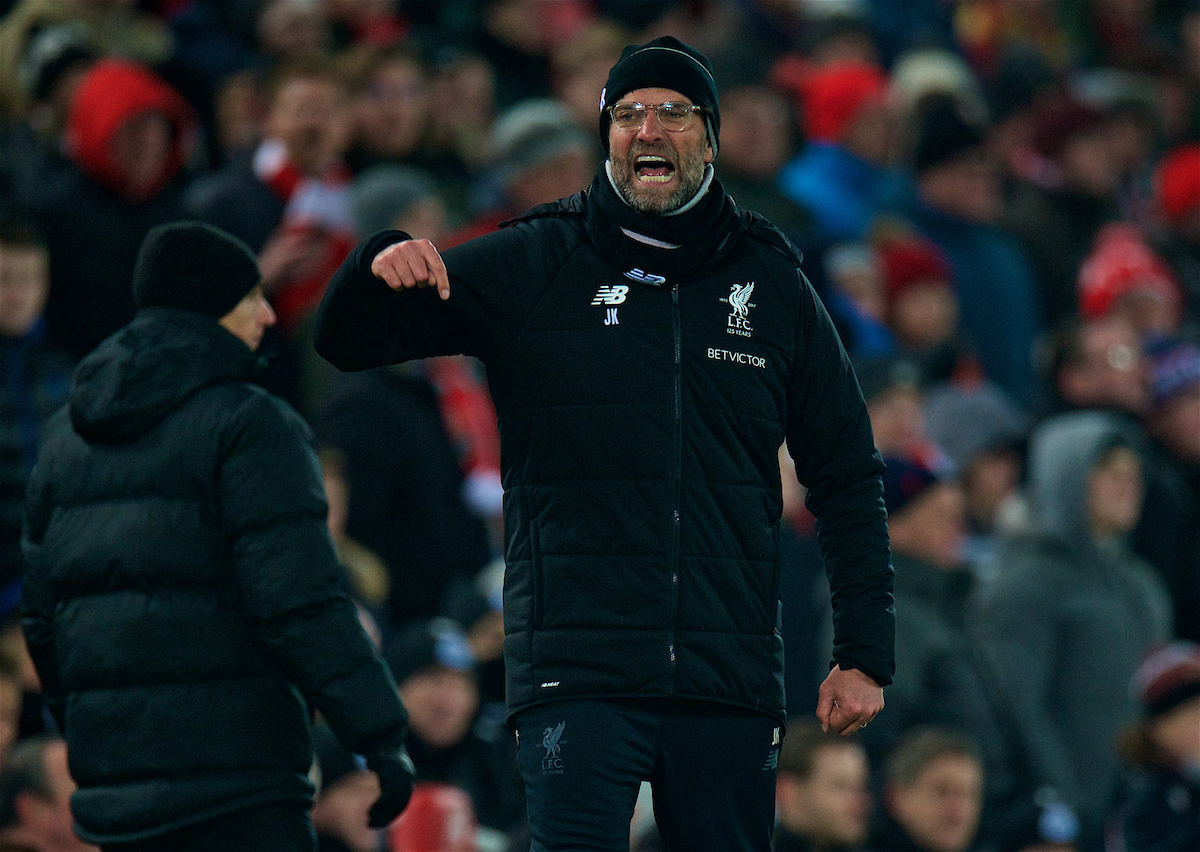 LIVERPOOL, ENGLAND - Saturday, March 3, 2018: Liverpool's manager Jürgen Klopp reacts during the FA Premier League match between Liverpool FC and Newcastle United FC at Anfield. (Pic by Peter Powell/Propaganda)