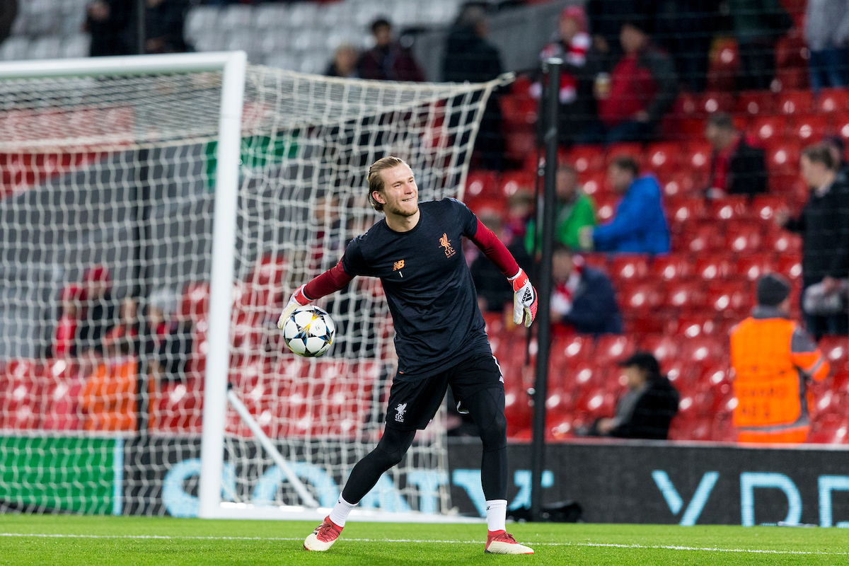 LIVERPOOL, ENGLAND - Monday, March 5, 2018: Liverpool's goalkeeper Loris Karius during the pre-match warm-up before the UEFA Champions League Round of 16 2nd leg match between Liverpool FC and FC Porto at Anfield. (Pic by Paul Greenwood/Propaganda)