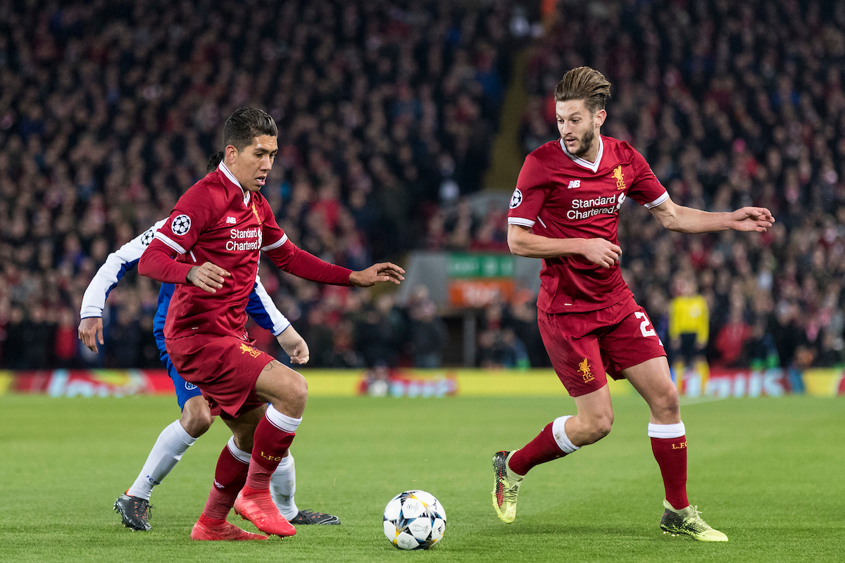 LIVERPOOL, ENGLAND - Monday, March 5, 2018: Liverpool's Roberto Firmino and Adam Lallana during the UEFA Champions League Round of 16 2nd leg match between Liverpool FC and FC Porto at Anfield. (Pic by Paul Greenwood/Propaganda)