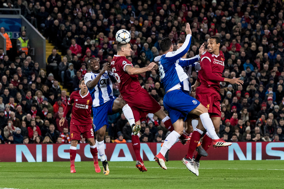 LIVERPOOL, ENGLAND - Monday, March 5, 2018: Liverpool's Joel Matip heads at goal during the UEFA Champions League Round of 16 2nd leg match between Liverpool FC and FC Porto at Anfield. (Pic by Paul Greenwood/Propaganda)