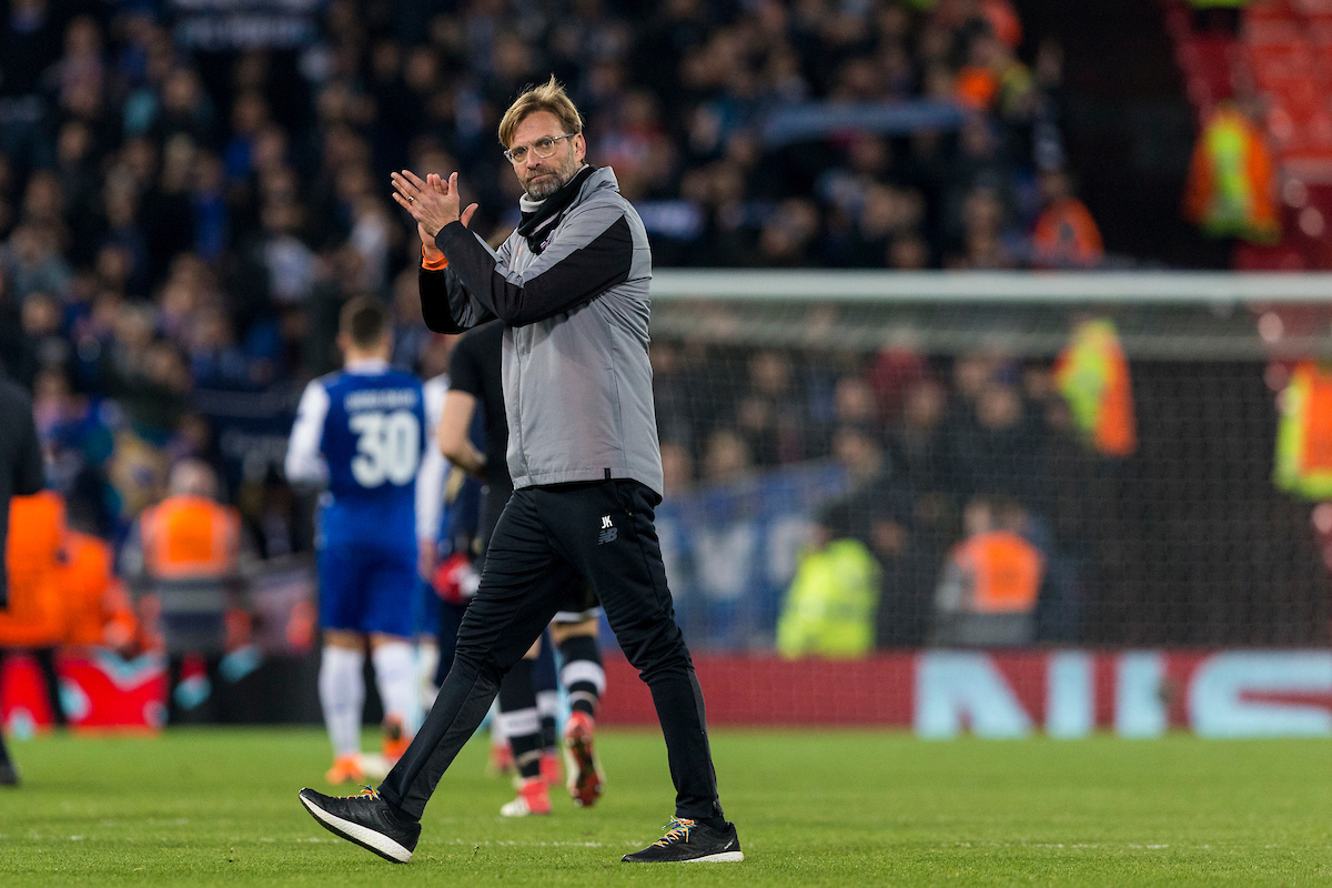 LIVERPOOL, ENGLAND - Monday, March 5, 2018: Liverpool's manager Jürgen Klopp applauds supporters following the UEFA Champions League Round of 16 2nd leg match between Liverpool FC and FC Porto at Anfield. (Pic by Paul Greenwood/Propaganda)