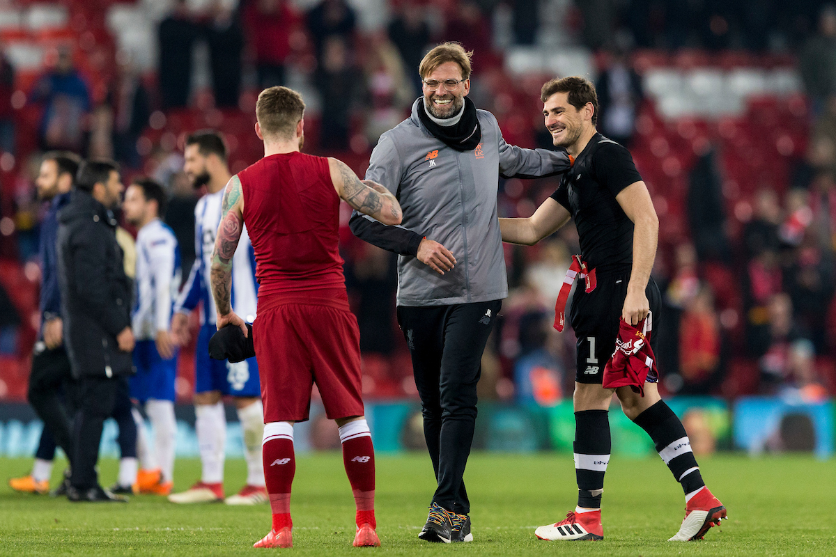 LIVERPOOL, ENGLAND - Monday, March 5, 2018: Liverpool's manager Jürgen Klopp with Alberto Moreno FC Porto’s goalkeeper Iker Casillas after the UEFA Champions League Round of 16 2nd leg match between Liverpool FC and FC Porto at Anfield. (Pic by Paul Greenwood/Propaganda)