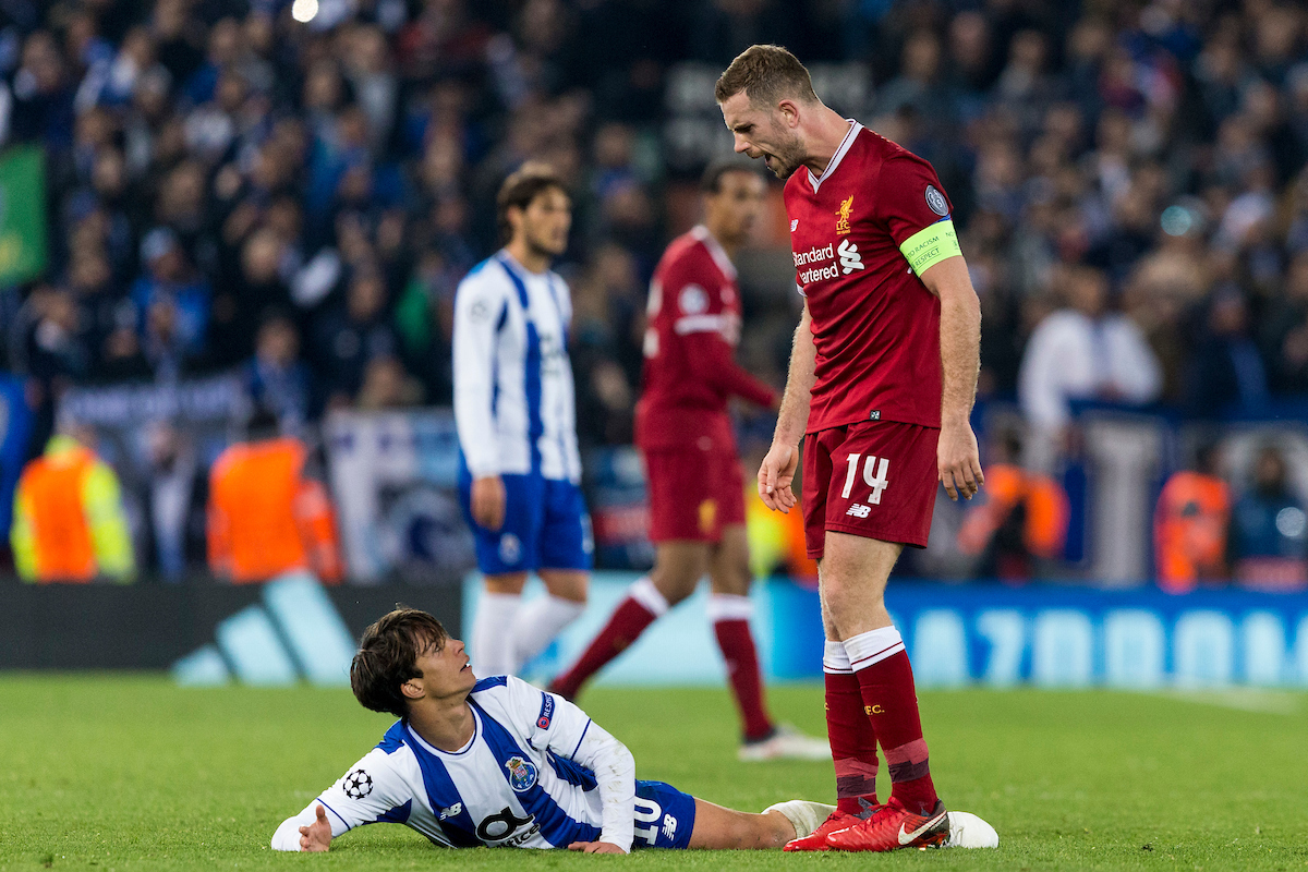 LIVERPOOL, ENGLAND - Monday, March 5, 2018: Liverpool's captain Jordan Henderson and FC Porto’s Óliver Torres during the UEFA Champions League Round of 16 2nd leg match between Liverpool FC and FC Porto at Anfield. (Pic by Paul Greenwood/Propaganda)