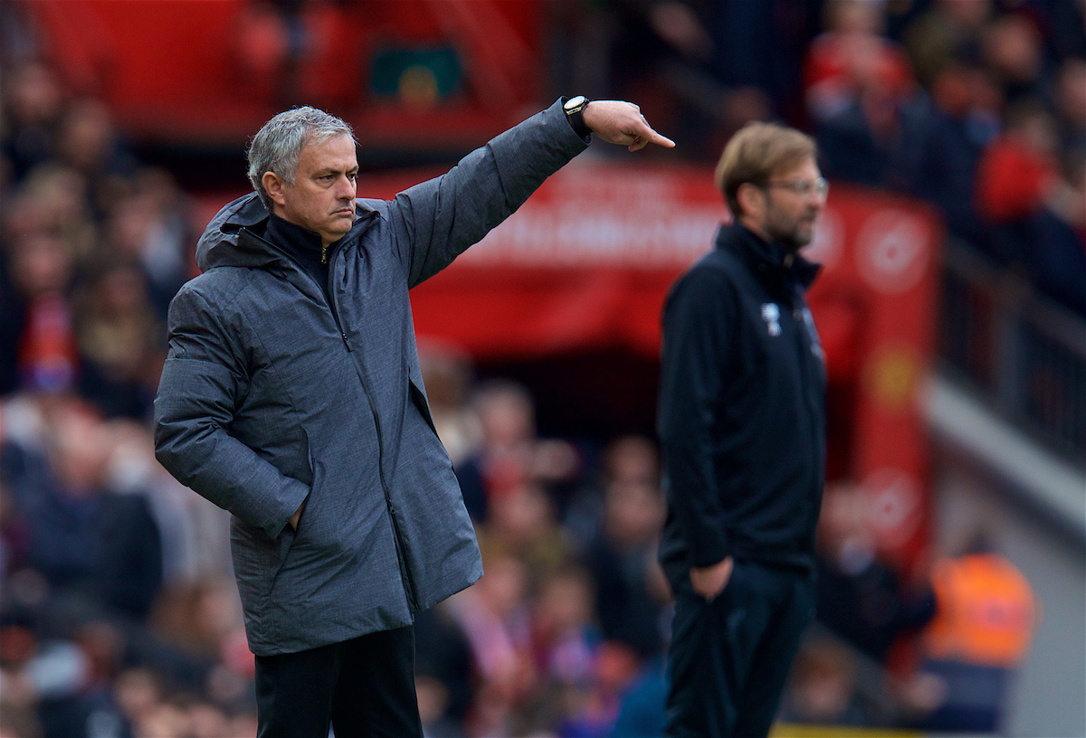 MANCHESTER, ENGLAND - Saturday, March 10, 2018: Manchester United's manager Jose Mourinho during the FA Premier League match between Manchester United FC and Liverpool FC at Old Trafford. (Pic by David Rawcliffe/Propaganda)