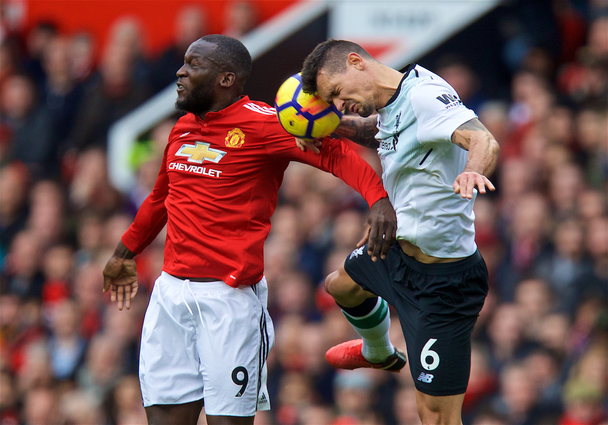 MANCHESTER, ENGLAND - Saturday, March 10, 2018: Manchester United's Romelu Lukaku and Liverpool's Dejan Lovren during the FA Premier League match between Manchester United FC and Liverpool FC at Old Trafford. (Pic by David Rawcliffe/Propaganda)