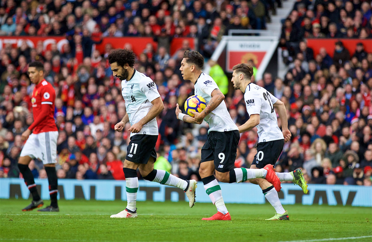 MANCHESTER, ENGLAND - Saturday, March 10, 2018: Liverpool's Roberto Firmino retrieves the ball as his side score their first goal to make it 2-1 during the FA Premier League match between Manchester United FC and Liverpool FC at Old Trafford. (Pic by David Rawcliffe/Propaganda)