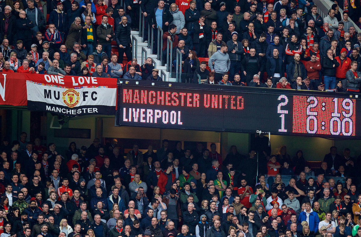 MANCHESTER, ENGLAND - Saturday, March 10, 2018: The scoreboard records Manchester United's 2-1 victory during the FA Premier League match between Manchester United FC and Liverpool FC at Old Trafford. (Pic by David Rawcliffe/Propaganda)