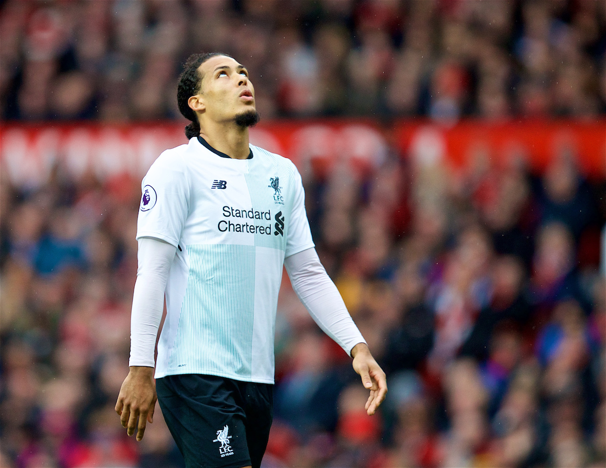 MANCHESTER, ENGLAND - Saturday, March 10, 2018: Liverpool's Virgil van Dijk looks dejected during the FA Premier League match between Manchester United FC and Liverpool FC at Old Trafford. (Pic by David Rawcliffe/Propaganda)