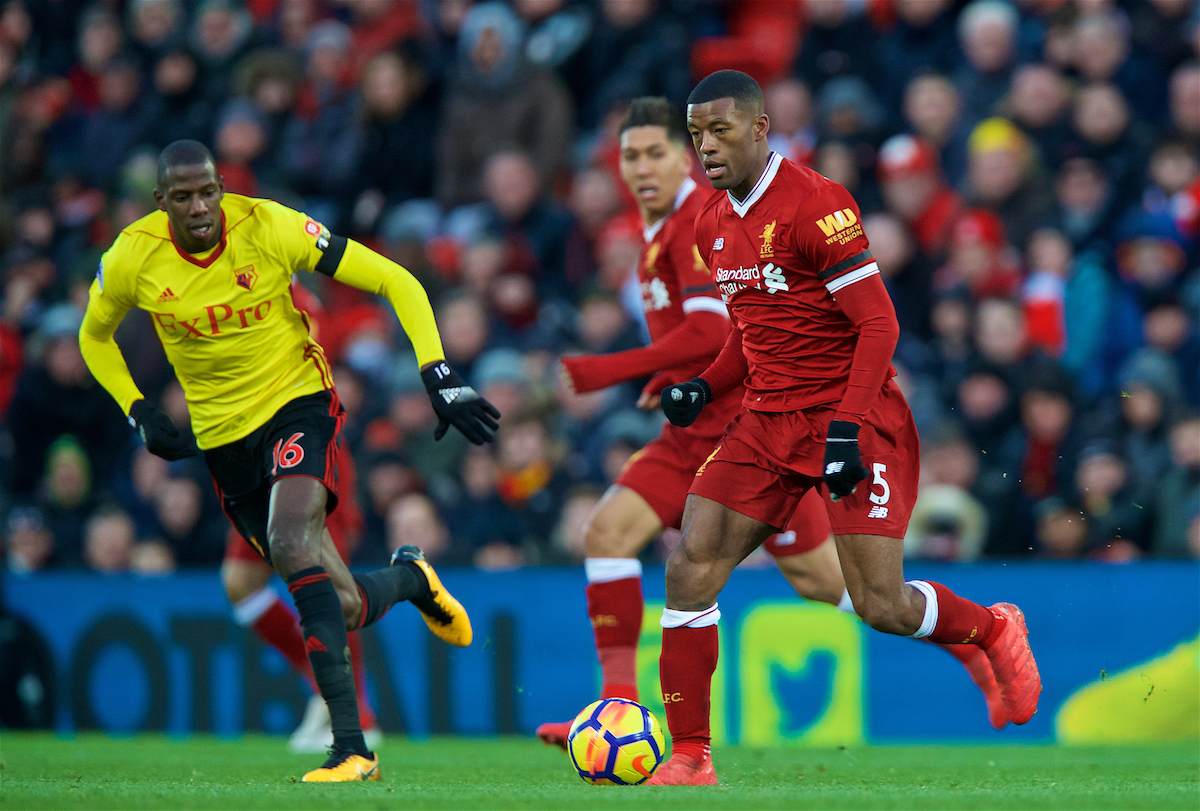 LIVERPOOL, ENGLAND - Saturday, March 17, 2018: Liverpool's Georginio Wijnaldum during the FA Premier League match between Liverpool FC and Watford FC at Anfield. (Pic by David Rawcliffe/Propaganda)