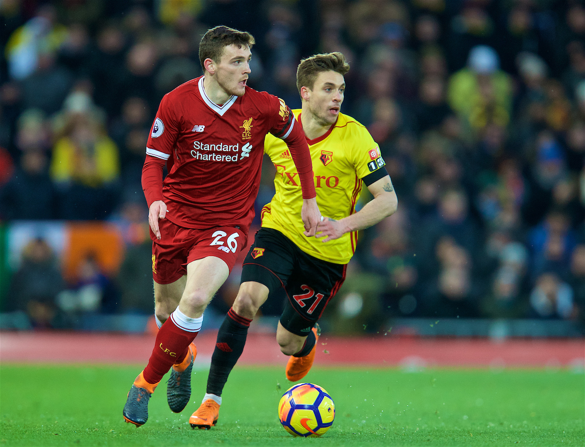 LIVERPOOL, ENGLAND - Saturday, March 17, 2018: Liverpool's Andy Robertson during the FA Premier League match between Liverpool FC and Watford FC at Anfield. (Pic by David Rawcliffe/Propaganda)
