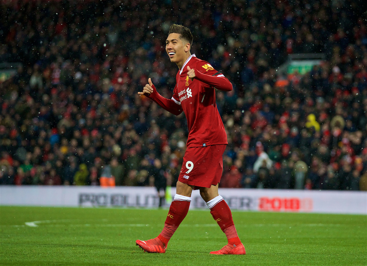 LIVERPOOL, ENGLAND - Saturday, March 17, 2018: Liverpool's Roberto Firmino celebrates scoring the third goal during the FA Premier League match between Liverpool FC and Watford FC at Anfield. (Pic by David Rawcliffe/Propaganda)