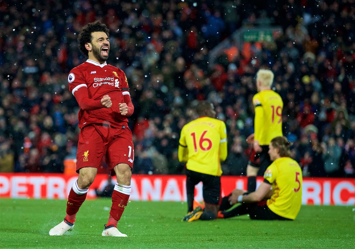 LIVERPOOL, ENGLAND - Saturday, March 17, 2018: Liverpool's Mohamed Salah celebrates scoring the fourth goal, his hat-trick, during the FA Premier League match between Liverpool FC and Watford FC at Anfield. (Pic by David Rawcliffe/Propaganda)