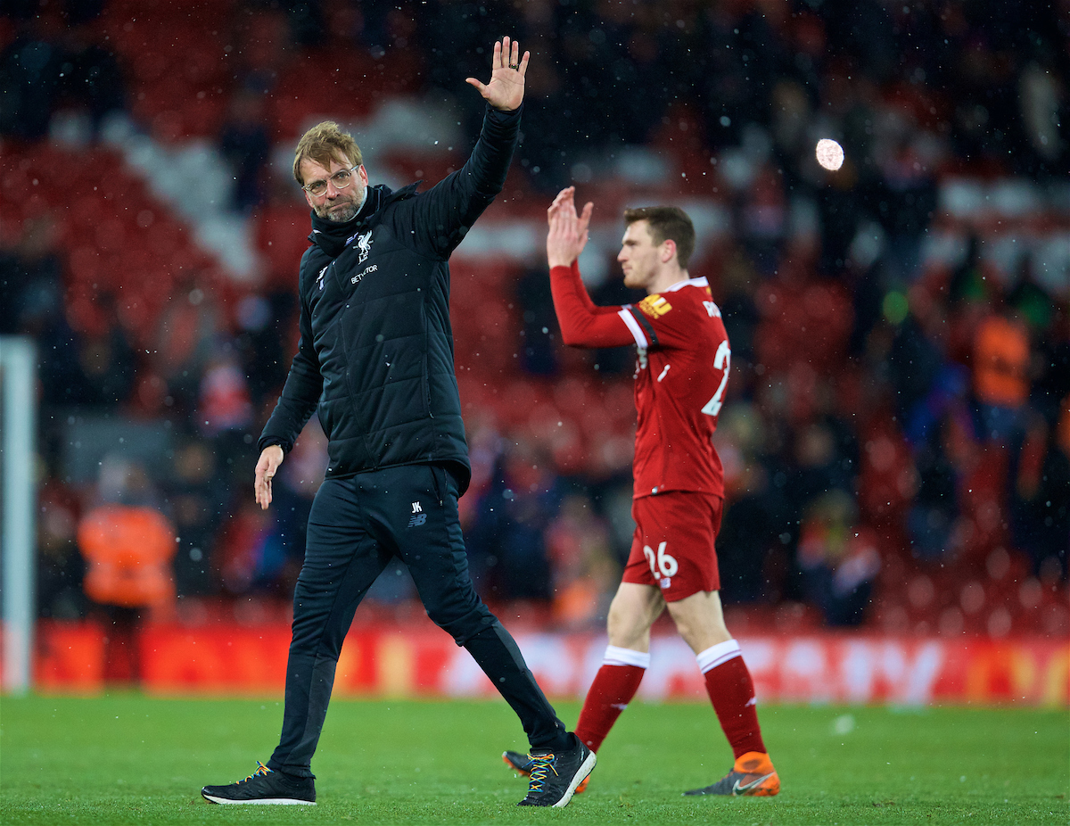 LIVERPOOL, ENGLAND - Saturday, March 17, 2018: Liverpool's manager Jürgen Klopp waves to the Kop as he celebrates a 5-star five goal victory iover Watford during the FA Premier League match between Liverpool FC and Watford FC at Anfield. (Pic by David Rawcliffe/Propaganda)