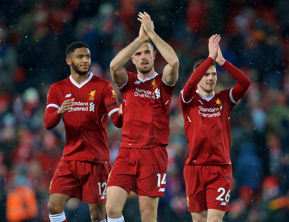 LIVERPOOL, ENGLAND - Saturday, March 17, 2018: Liverpool's Joe Gomez, captain Jordan Henderson and Andy Robertson after the 5-0 victory during the FA Premier League match between Liverpool FC and Watford FC at Anfield. (Pic by David Rawcliffe/Propaganda)