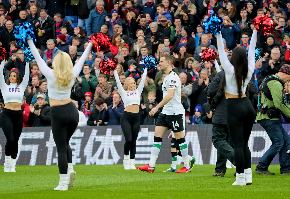 LONDON, ENGLAND - Saturday, March 31, 2018: Liverpool's captain Jordan Henderson leads his side out past the Crystals cheerleaders before the FA Premier League match between Crystal Palace FC and Liverpool FC at Selhurst Park. (Pic by Dave Shopland/Propaganda)