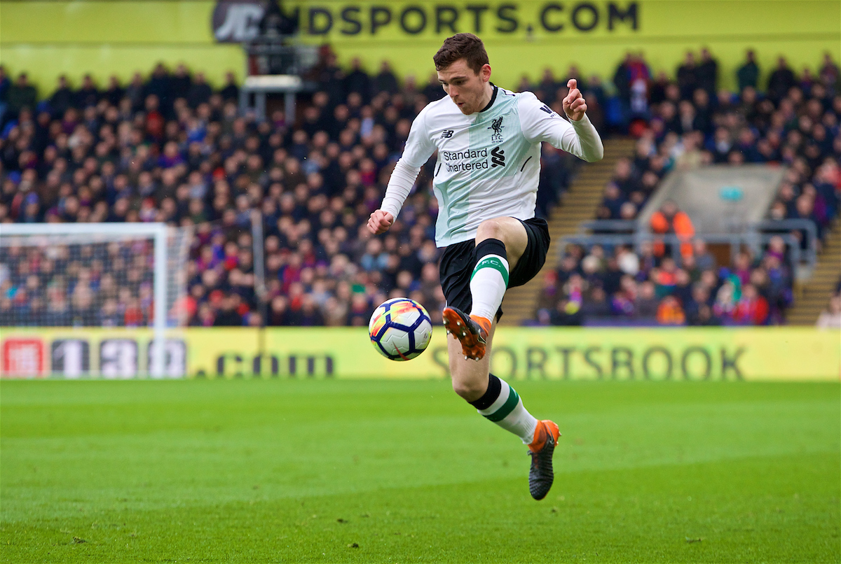 LONDON, ENGLAND - Saturday, March 31, 2018: Liverpool's Andy Robertson during the FA Premier League match between Crystal Palace FC and Liverpool FC at Selhurst Park. (Pic by Dave Shopland/Propaganda)