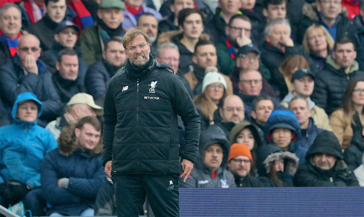 LONDON, ENGLAND - Saturday, March 31, 2018: Liverpool's manager Jürgen Klopp reacts during the FA Premier League match between Crystal Palace FC and Liverpool FC at Selhurst Park. (Pic by Dave Shopland/Propaganda)