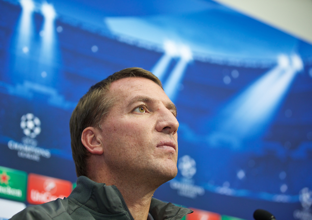 SOFIA, BULGARIA - Tuesday, November 25, 2014: Liverpool's manager Brendan Rodgers during a press conference ahead of the UEFA Champions League Group B match against PFC Ludogorets Razgrad at the Vasil Levski National Stadium (Pic by David Rawcliffe/Propaganda)