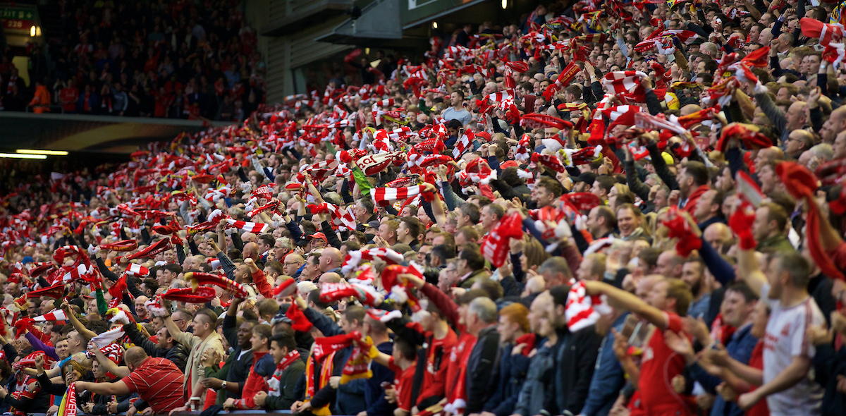 LIVERPOOL, ENGLAND - Thursday, May 5, 2016: Liverpool's supporters celebrate scoring the first goal against Villarreal during the UEFA Europa League Semi-Final 2nd Leg match at Anfield. (Pic by David Rawcliffe/Propaganda)