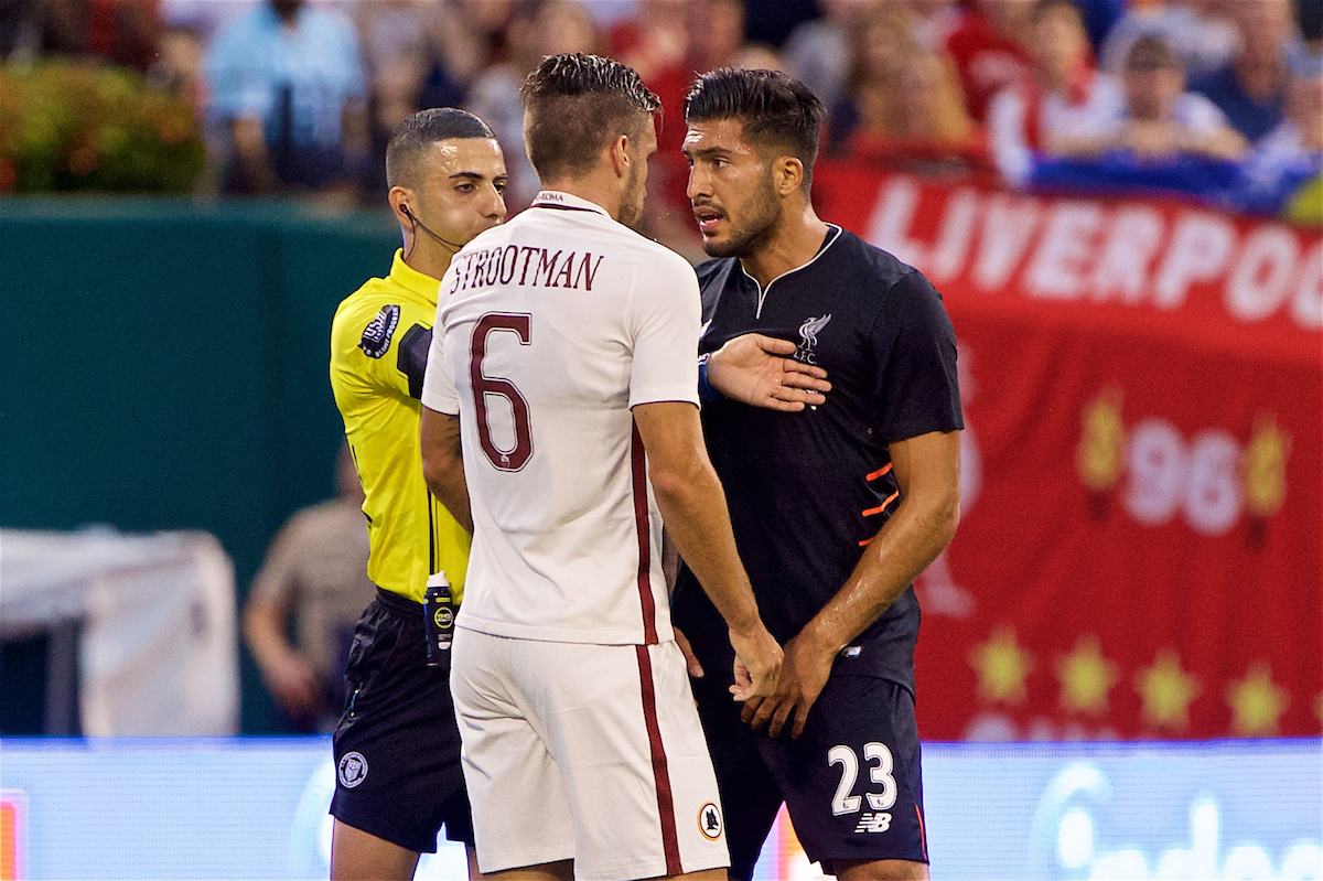 ST. LOUIS, USA - Monday, August 1, 2016: Liverpool's Emre Can clashes with AS Roma's Kevin Strootman during a pre-season friendly game on day twelve of the club's USA Pre-season Tour at the Busch Stadium. (Pic by David Rawcliffe/Propaganda)