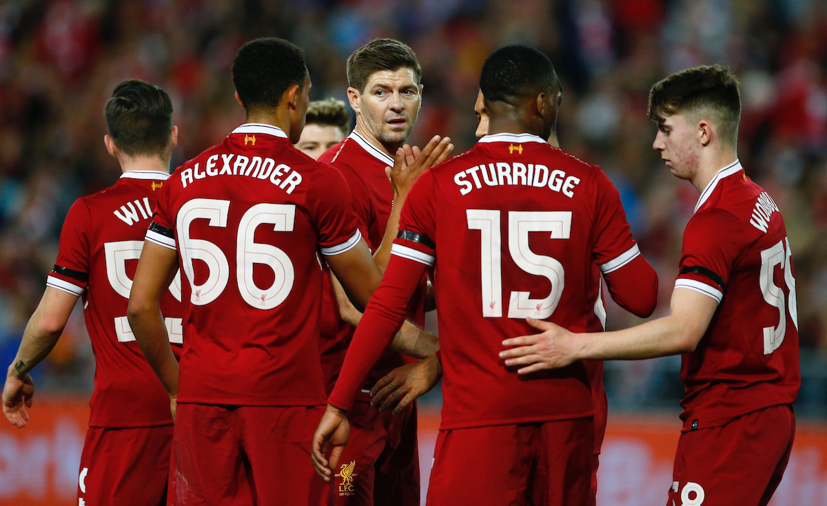 SYDNEY, AUSTRALIA - Wednesday, May 24, 2017: Liverpool's Steven Gerrard i with Trent Alexander-Arnold, Daniel Sturridge and Ben Woodburn during a post-season friendly match against Sydney FC at the ANZ Stadium. (Pic by Jason O'Brien/Propaganda)