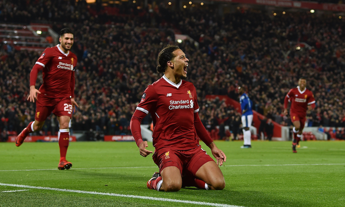 LIVERPOOL, ENGLAND - Friday, January 5, 2018: Liverpool's Virgil van Dijk celebrates scoring the winning goal at the Kop end to seal a 2-1 victory over Everton on his debut during the FA Cup 3rd Round match between Liverpool FC and Everton FC, the 230th Merseyside Derby, at Anfield. (Pic by David Rawcliffe/Propaganda)