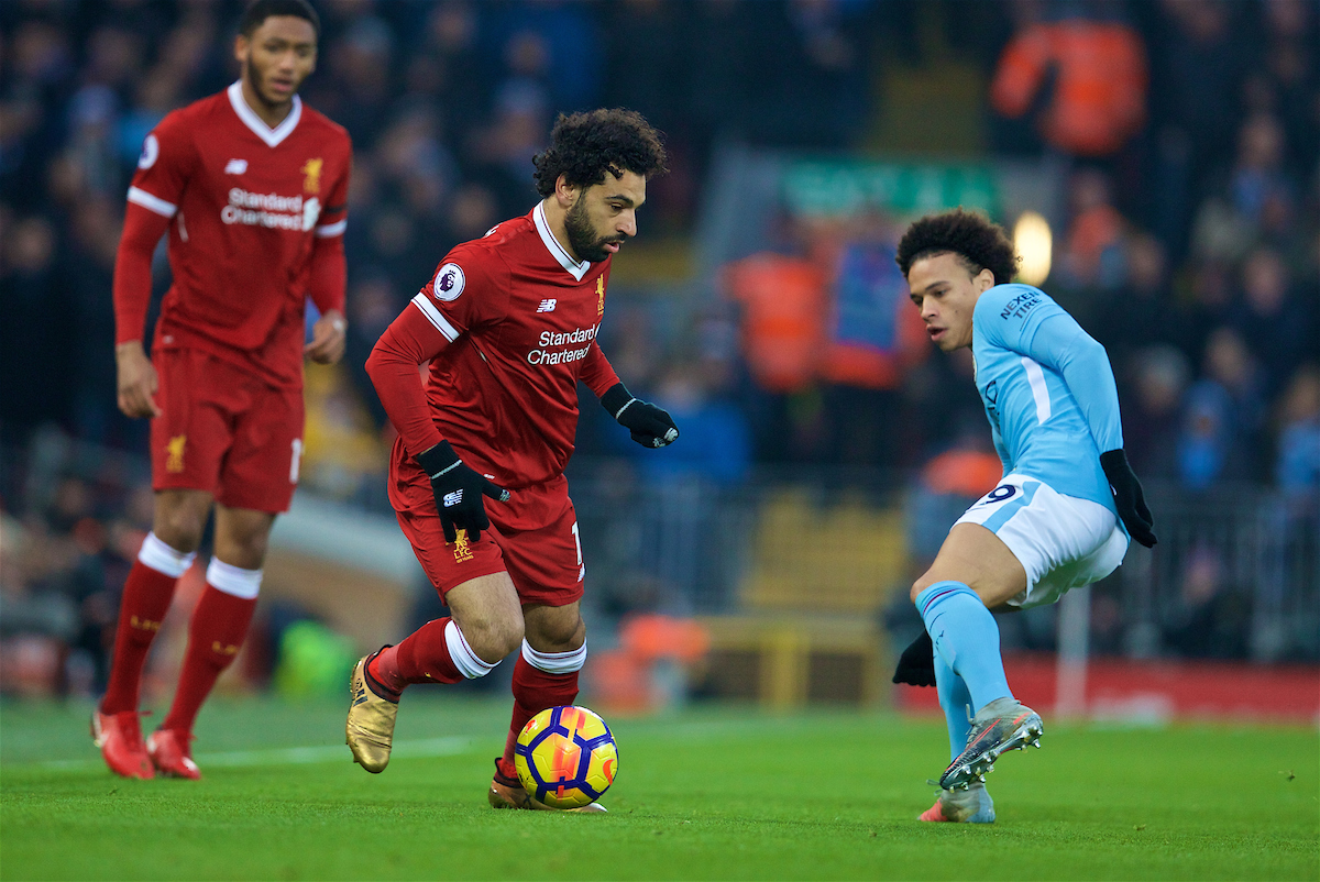 LIVERPOOL, ENGLAND - Sunday, January 14, 2018: Liverpool's Mohamed Salah and Manchester City's Leroy Sane during the FA Premier League match between Liverpool and Manchester City at Anfield. (Pic by David Rawcliffe/Propaganda)