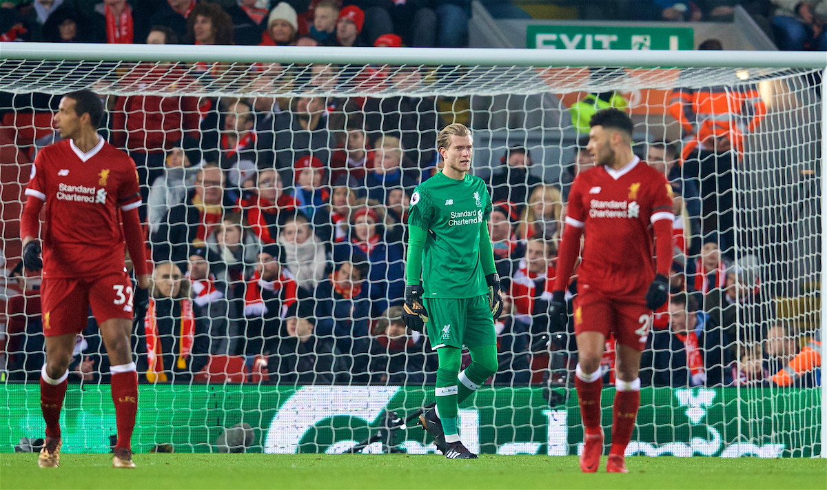 LIVERPOOL, ENGLAND - Sunday, January 14, 2018: Liverpool's goalkeeper Loris Karius looks dejected as Manchester City score the first equalising goal during the FA Premier League match between Liverpool and Manchester City at Anfield. (Pic by David Rawcliffe/Propaganda)