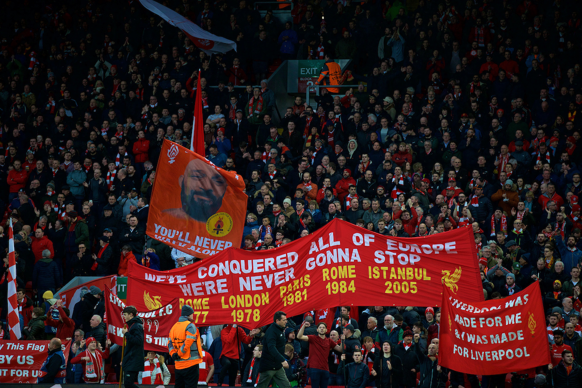 LIVERPOOL, ENGLAND - Wednesday, April 4, 2018: Liverpool supporters on the Spion Kop before the UEFA Champions League Quarter-Final 1st Leg match between Liverpool FC and Manchester City FC at Anfield. (Pic by David Rawcliffe/Propaganda)