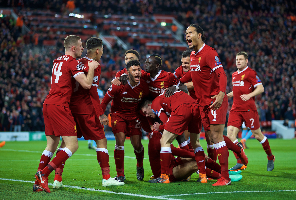 LIVERPOOL, ENGLAND - Wednesday, April 4, 2018: Liverpool's Mohamed Salah celebrates scoring the first goal with team-mates during the UEFA Champions League Quarter-Final 1st Leg match between Liverpool FC and Manchester City FC at Anfield. Alex Oxlade-Chamberlain, Sadio Mane, Virgil van Dijk, Andy Robertson, Dejan Lovren. (Pic by David Rawcliffe/Propaganda)