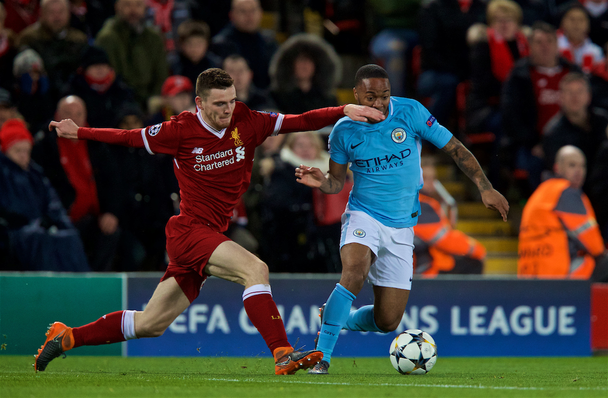 LIVERPOOL, ENGLAND - Wednesday, April 4, 2018: Liverpool's Andy Robertson (left) and Manchester City's Raheem Sterling (right) during the UEFA Champions League Quarter-Final 1st Leg match between Liverpool FC and Manchester City FC at Anfield. (Pic by David Rawcliffe/Propaganda)