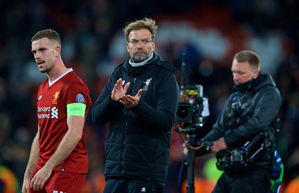 LIVERPOOL, ENGLAND - Wednesday, April 4, 2018: Liverpool's manager Jürgen Klopp celebrates after the 3-0 victory over Manchester City during the UEFA Champions League Quarter-Final 1st Leg match between Liverpool FC and Manchester City FC at Anfield. (Pic by David Rawcliffe/Propaganda)