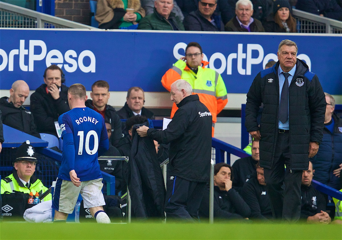 LIVERPOOL, ENGLAND - Saturday, April 7, 2018: Everton's Wayne Rooney is substituted by manager Sam Allardyce during the FA Premier League match between Everton and Liverpool, the 231st Merseyside Derby, at Goodison Park. (Pic by David Rawcliffe/Propaganda)