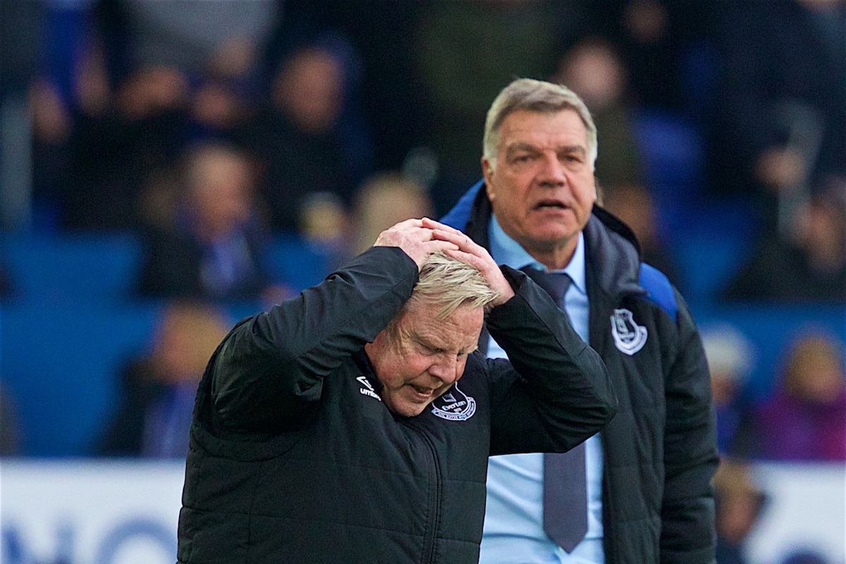 LIVERPOOL, ENGLAND - Saturday, April 7, 2018: Everton manager Sam Allardyce and assistant Sammy Lee looks dejected during the FA Premier League match between Everton and Liverpool, the 231st Merseyside Derby, at Goodison Park. (Pic by Jason Roberts/Propaganda)