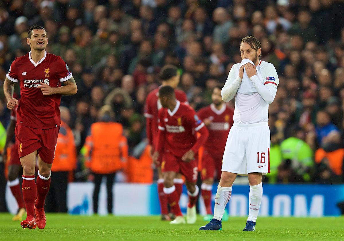 LIVERPOOL, ENGLAND - Tuesday, April 24, 2018: AS Romas captain Daniele De Rossi looks dejected as Liverpool score the second goal during the UEFA Champions League Semi-Final 1st Leg match between Liverpool FC and AS Roma at Anfield. (Pic by David Rawcliffe/Propaganda)