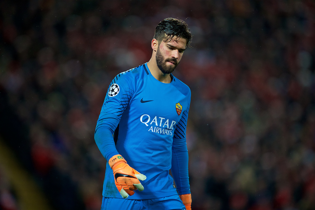 LIVERPOOL, ENGLAND - Tuesday, April 24, 2018: AS Romas goalkeeper Alisson Becker during the UEFA Champions League Semi-Final 1st Leg match between Liverpool FC and AS Roma at Anfield. (Pic by David Rawcliffe/Propaganda)