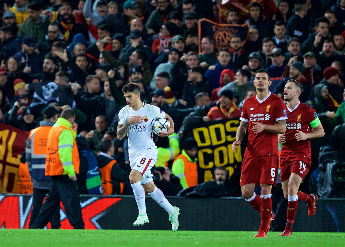 LIVERPOOL, ENGLAND - Tuesday, April 24, 2018: AS Romas Diego Perotti celebrates after scoring the second goal from the penalty kick during the UEFA Champions League Semi-Final 1st Leg match between Liverpool FC and AS Roma at Anfield. (Pic by David Rawcliffe/Propaganda)