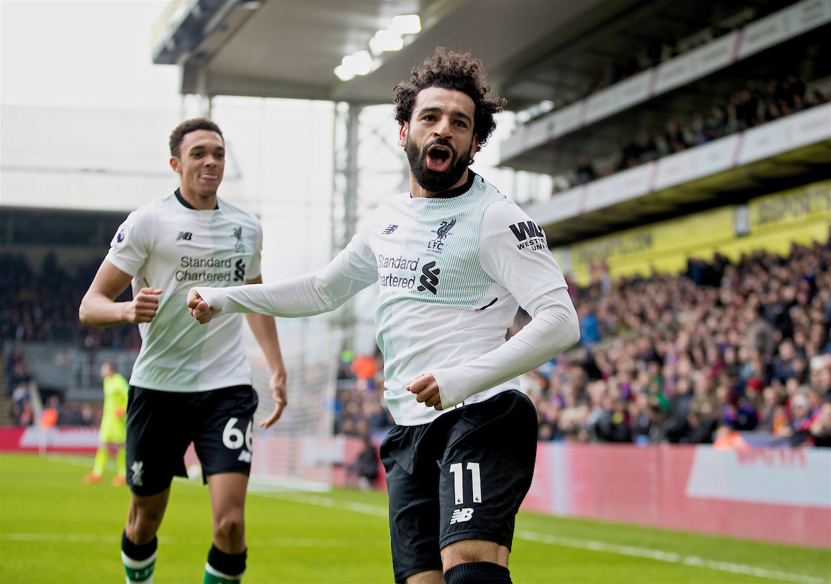 LONDON, ENGLAND - Saturday, March 31, 2018: Liverpool's Mohamed Salah celebrates scoring the winning second goal during the FA Premier League match between Crystal Palace FC and Liverpool FC at Selhurst Park. (Pic by Dave Shopland/Propaganda)