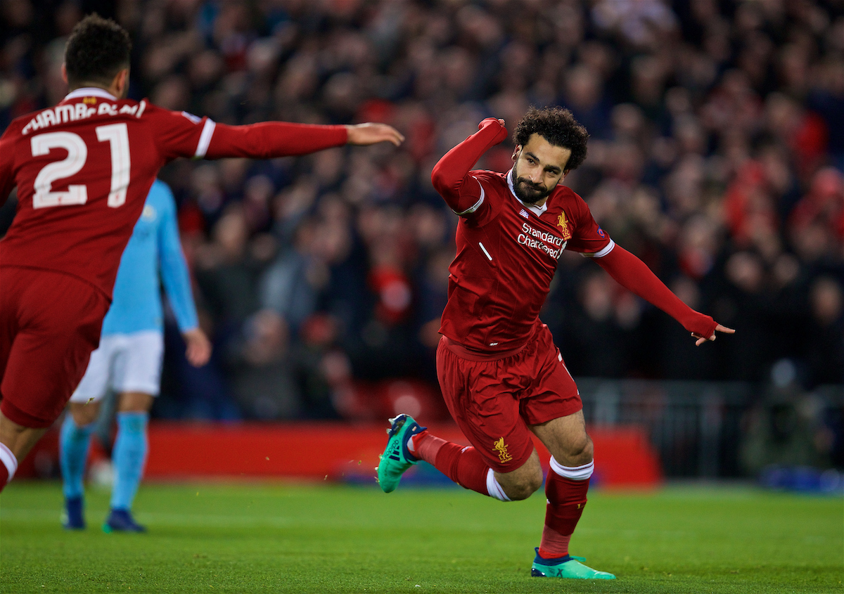 LIVERPOOL, ENGLAND - Wednesday, April 4, 2018: Liverpool's Mohamed Salah celebrates scoring the first goal during the UEFA Champions League Quarter-Final 1st Leg match between Liverpool FC and Manchester City FC at Anfield. (Pic by David Rawcliffe/Propaganda)