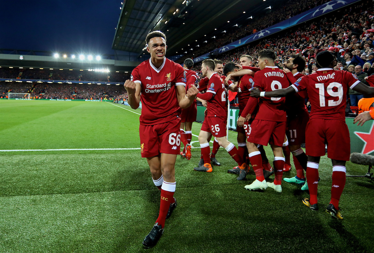 LIVERPOOL, ENGLAND - Wednesday, April 4, 2018: Liverpool's Trent Alexander-Arnold celebrates as Alex Oxlade-Chamberlain scores the third goal during the UEFA Champions League Quarter-Final 1st Leg match between Liverpool FC and Manchester City FC at Anfield. (Pic by David Rawcliffe/Propaganda)