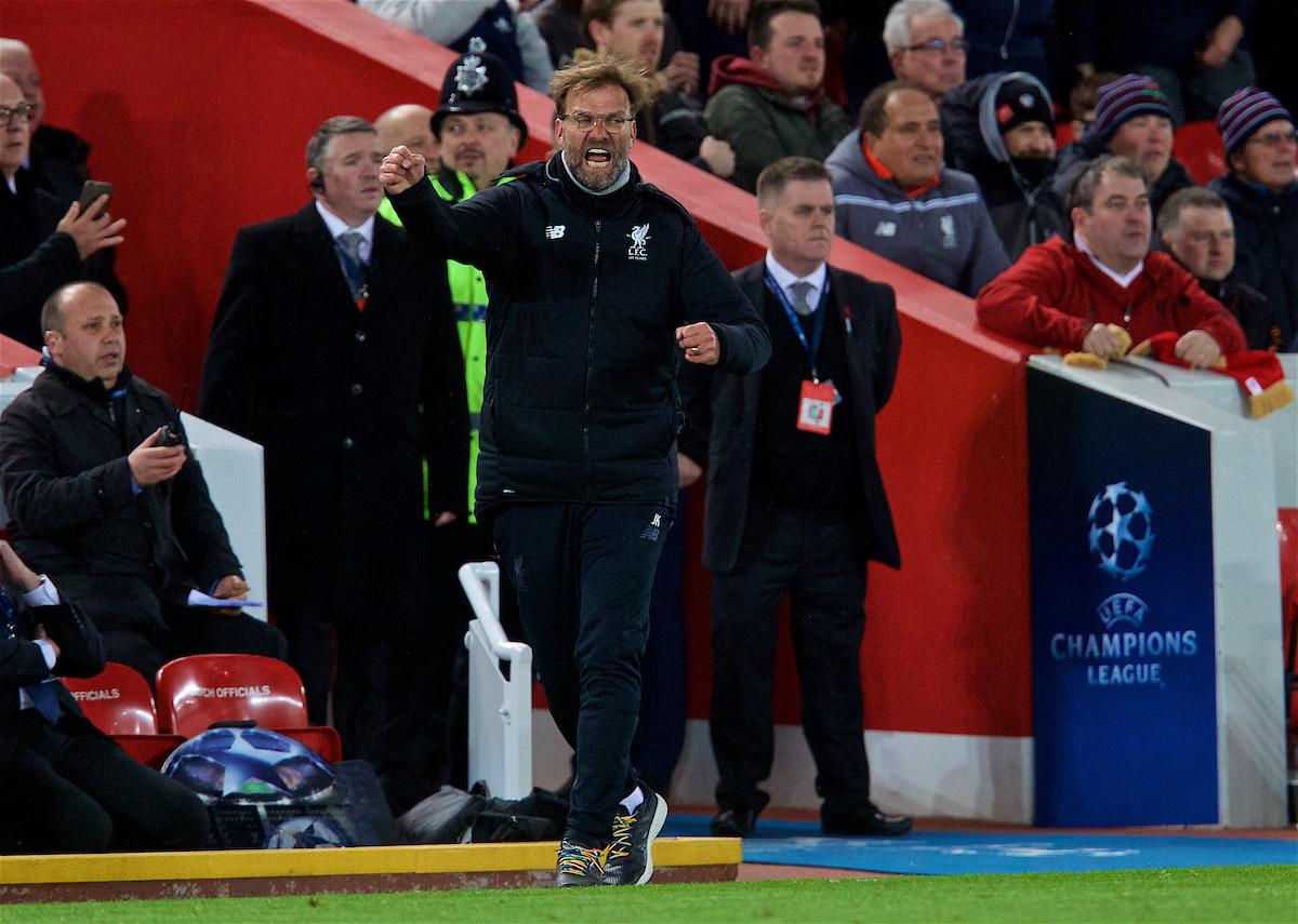 LIVERPOOL, ENGLAND - Wednesday, April 4, 2018: Liverpool's manager Jürgen Klopp celebrates the 3-0 victory after the UEFA Champions League Quarter-Final 1st Leg match between Liverpool FC and Manchester City FC at Anfield. (Pic by David Rawcliffe/Propaganda)