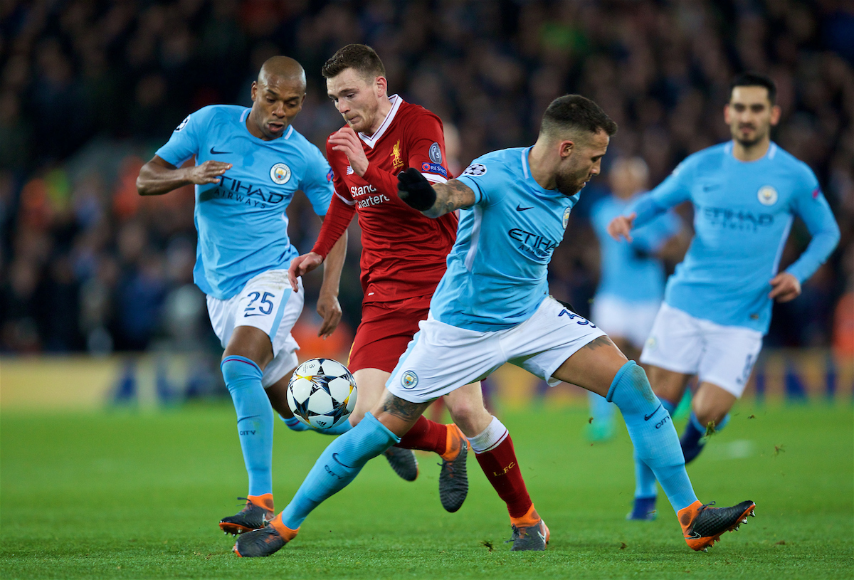 LIVERPOOL, ENGLAND - Wednesday, April 4, 2018: Liverpool's Andy Robertson during the UEFA Champions League Quarter-Final 1st Leg match between Liverpool FC and Manchester City FC at Anfield. (Pic by David Rawcliffe/Propaganda)