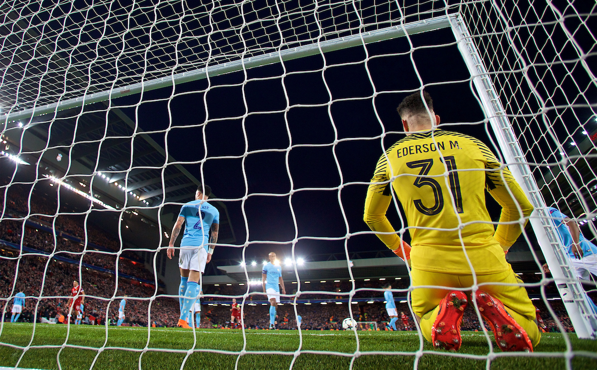 LIVERPOOL, ENGLAND - Wednesday, April 4, 2018: Manchester City's goalkeeper Claudio Bravo looks dejected as Liverpool's Sadio Mane scores the third goal during the UEFA Champions League Quarter-Final 1st Leg match between Liverpool FC and Manchester City FC at Anfield. (Pic by David Rawcliffe/Propaganda)