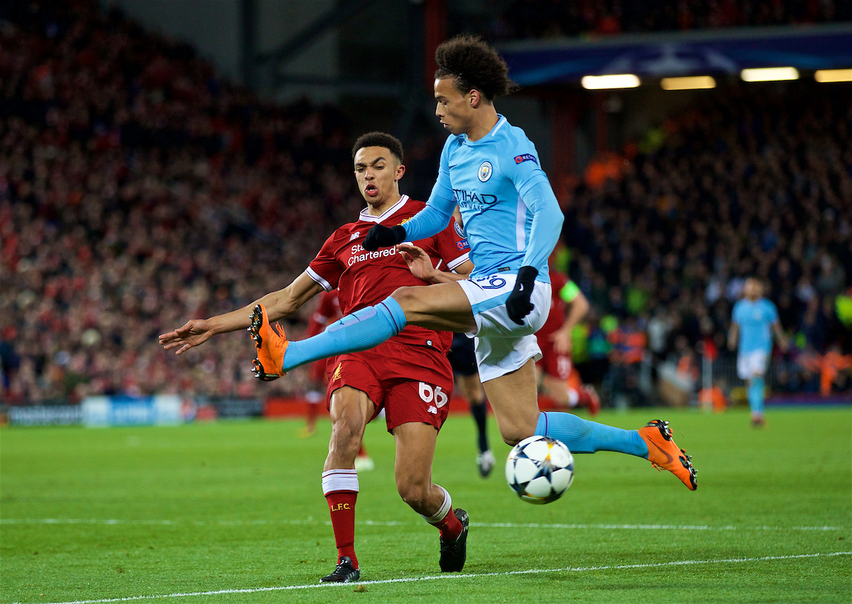 LIVERPOOL, ENGLAND - Wednesday, April 4, 2018: Liverpool's Trent Alexander-Arnold and Manchester City's Leroy Sane during the UEFA Champions League Quarter-Final 1st Leg match between Liverpool FC and Manchester City FC at Anfield. (Pic by David Rawcliffe/Propaganda)