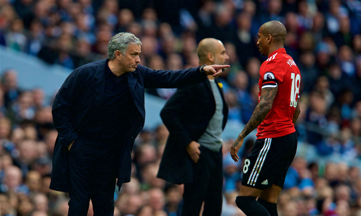 MANCHESTER, ENGLAND - Saturday, April 7, 2018: Manchester United's manager Jose Mourinho and Ashley Young during the FA Premier League match between Manchester City FC and Manchester United FC at the City of Manchester Stadium. (Pic by David Rawcliffe/Propaganda)