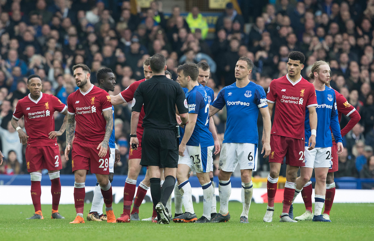 LIVERPOOL, ENGLAND - Saturday, April 7, 2018: Liverpools Danny Ings and Jordan Henderson talks to the referee Michael Oliverduring the FA Premier League match between Everton and Liverpool, the 231st Merseyside Derby, at Goodison Park. (Pic by Jason Roberts/Propaganda)