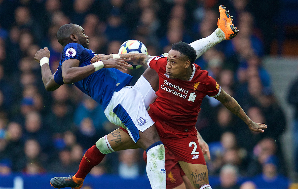 LIVERPOOL, ENGLAND - Saturday, April 7, 2018: Liverpool's Nathaniel Clyne and Everton's Yannick Bolasie during the FA Premier League match between Everton and Liverpool, the 231st Merseyside Derby, at Goodison Park. (Pic by David Rawcliffe/Propaganda)