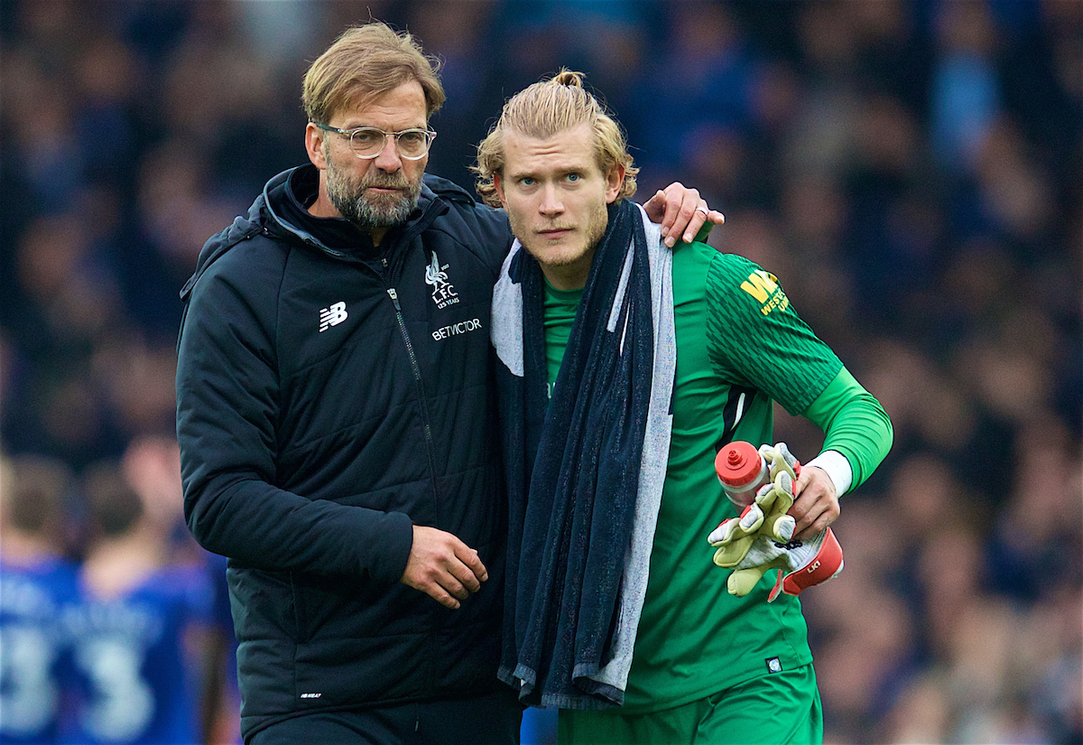 LIVERPOOL, ENGLAND - Saturday, April 7, 2018: Liverpool's manager Jürgen Klopp and goalkeeper Loris Karius after the FA Premier League match between Everton and Liverpool, the 231st Merseyside Derby, at Goodison Park. (Pic by David Rawcliffe/Propaganda)
