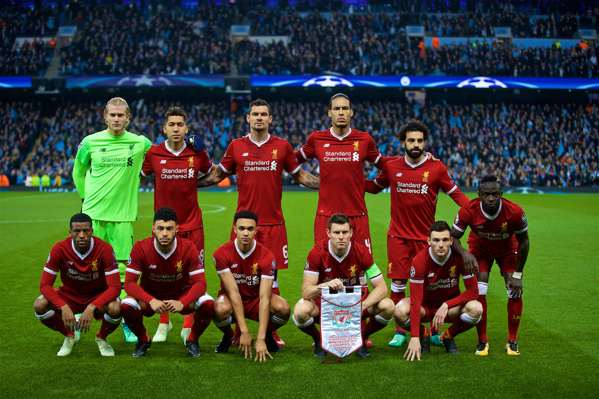 MANCHESTER, ENGLAND - Tuesday, April 10, 2018: Liverpool's players line-up for a team group photograph before the UEFA Champions League Quarter-Final 2nd Leg match between Manchester City FC and Liverpool FC at the City of Manchester Stadium. Back row L-R: goalkeeper Loris Karius, Roberto Firmino, Dejan Lovren, Virgil van Dijk, Mohamed Salah, Sadio Mane. Front row L-R: Georginio Wijnaldum, Alex Oxlade-Chamberlain, Trent Alexander-Arnold, James Milner, Andy Robertson. (Pic by David Rawcliffe/Propaganda)